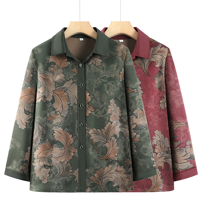 F179 妈妈装春秋款洋气撞色衬衫中老年纽扣开衫上衣奶奶花色衬衣