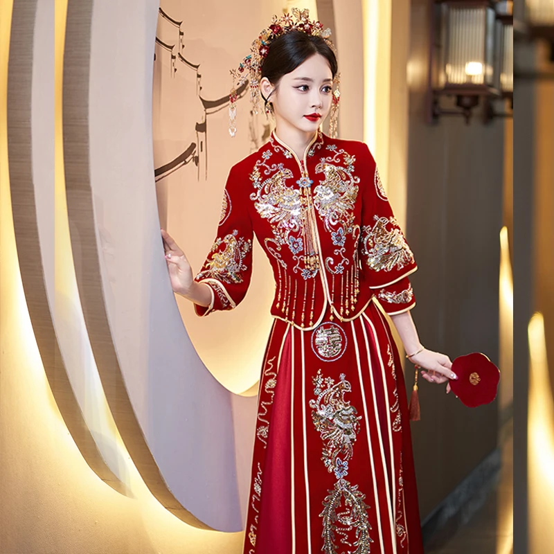 丝绒秀禾服新娘2025新款婚纱结婚重工礼服敬酒服中式出阁嫁衣显瘦