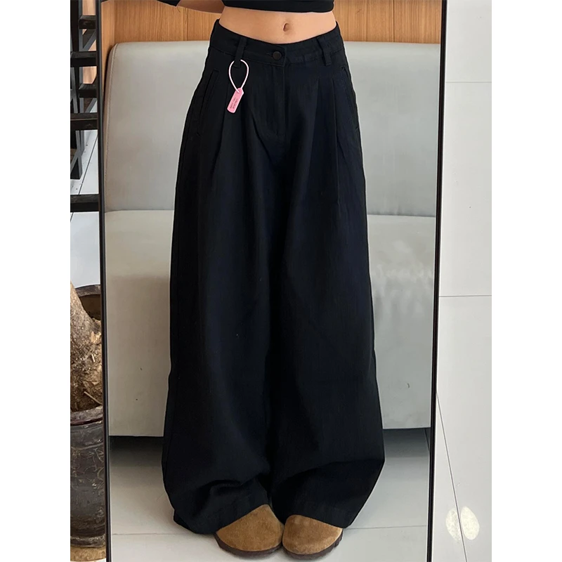 黑色纹理褶皱休闲阔腿牛仔裤女夏季新款高腰宽松显瘦直筒拖地裤潮