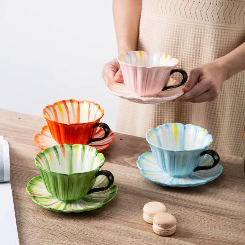 创意陶瓷炫彩花朵咖啡杯碟套装高颜值家用办公室下午茶水杯碟套装