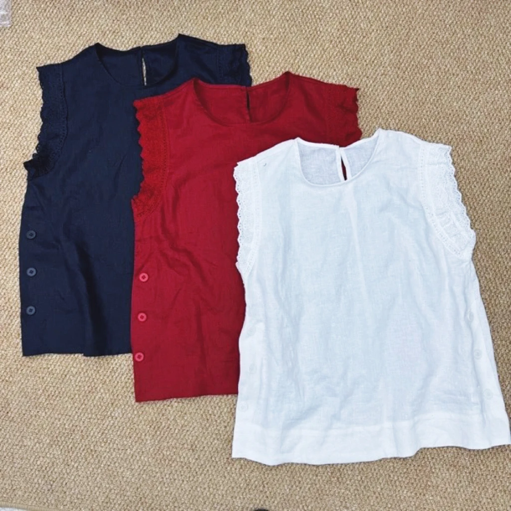 静静推荐 夏季新款亚麻圆领花边袖上衣22c6088