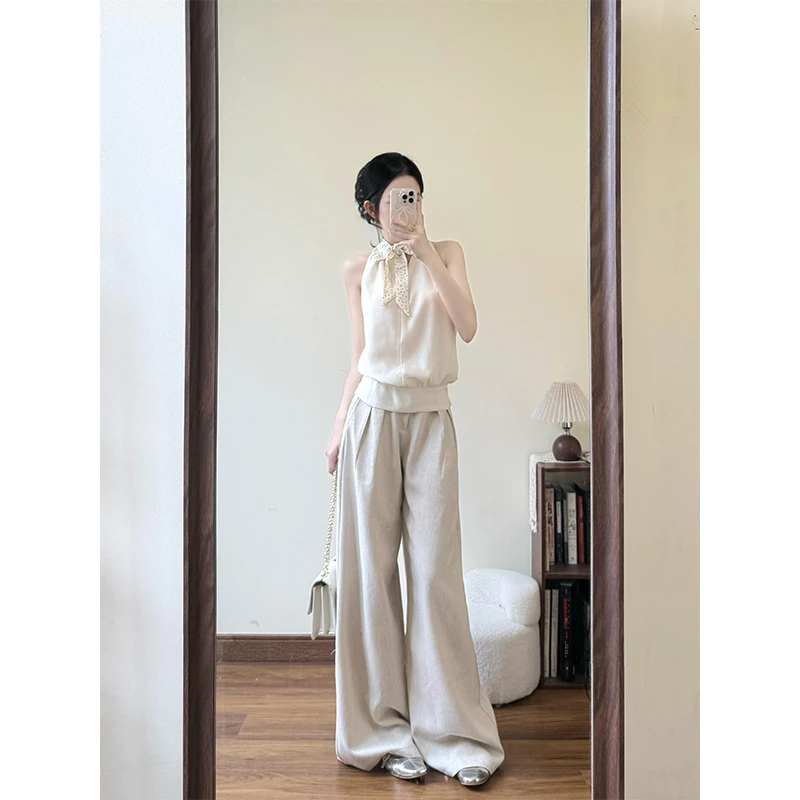 千金清冷感贵系衣服纯欲挂脖无袖背心露肩上衣直筒阔腿休闲拖地裤