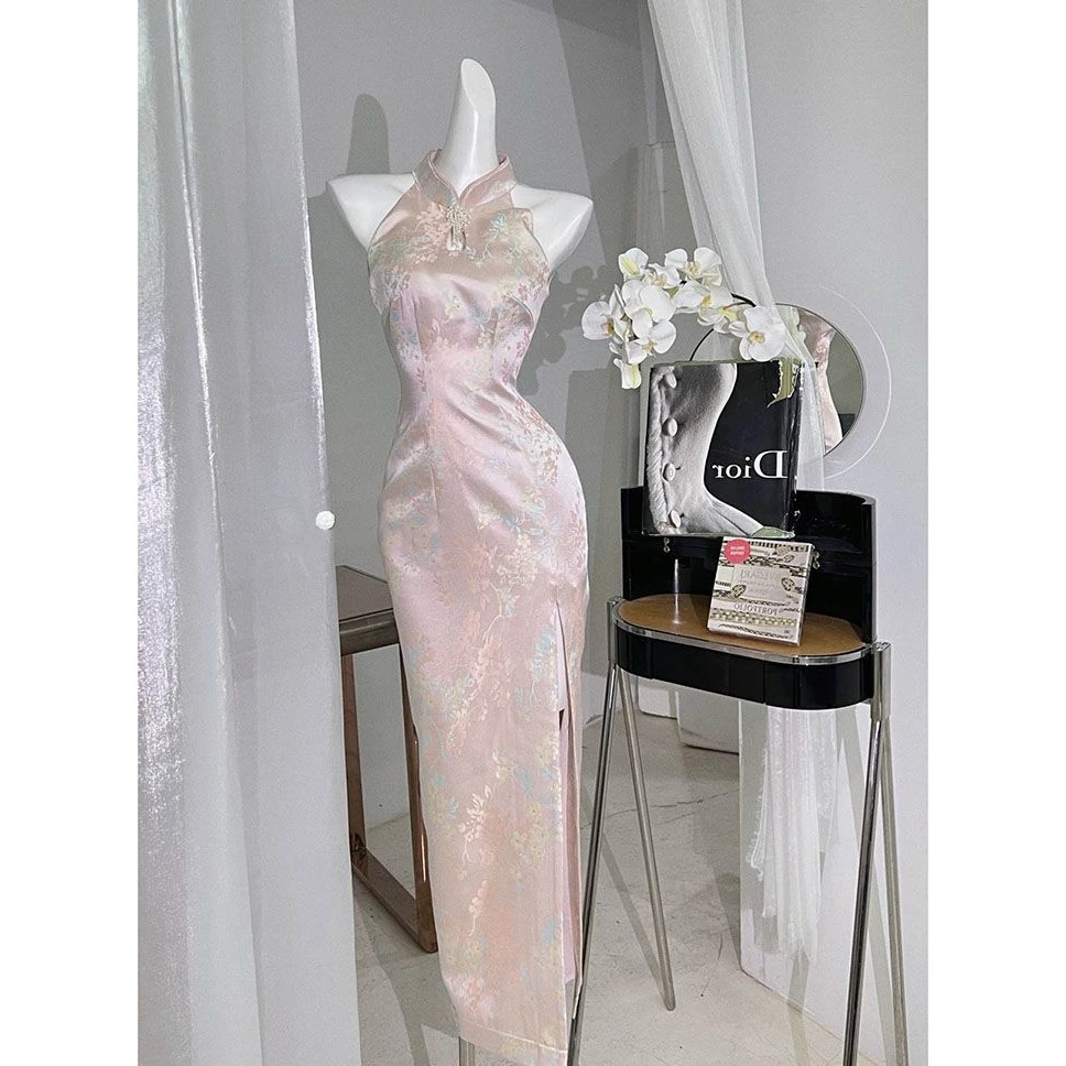 【9183】新款新中式富家小千金改良旗袍高级感小香风粉色连衣裙女