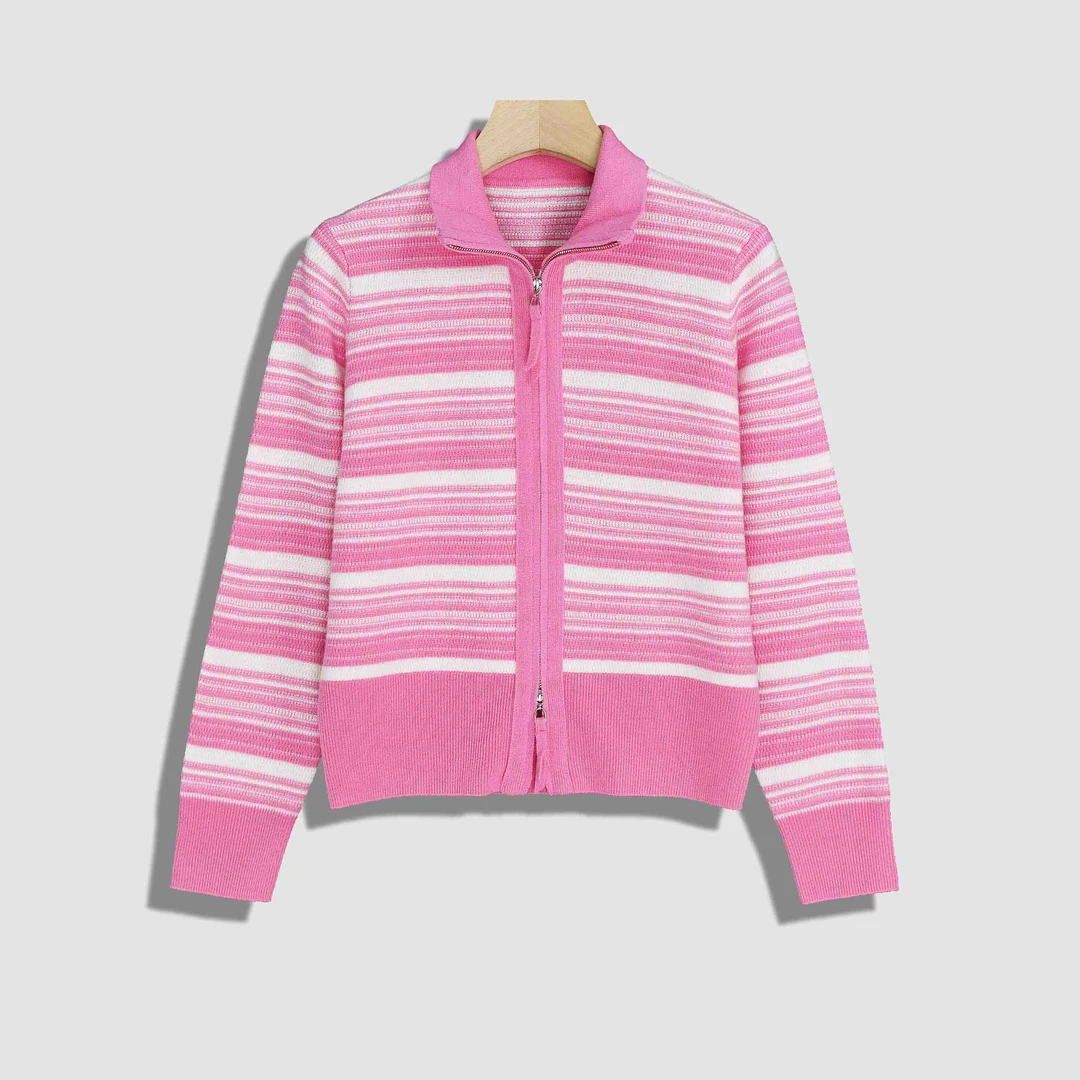 【w】撞色条纹气质简约双拉链针织衫-Y18919