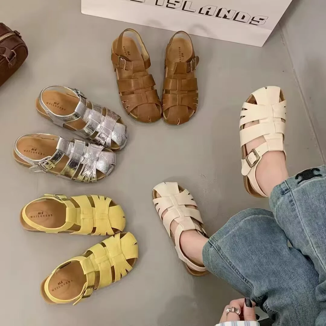 6-66夏季新品女凉鞋粗跟一字扣凉鞋平底女凉鞋百搭低跟鞋女