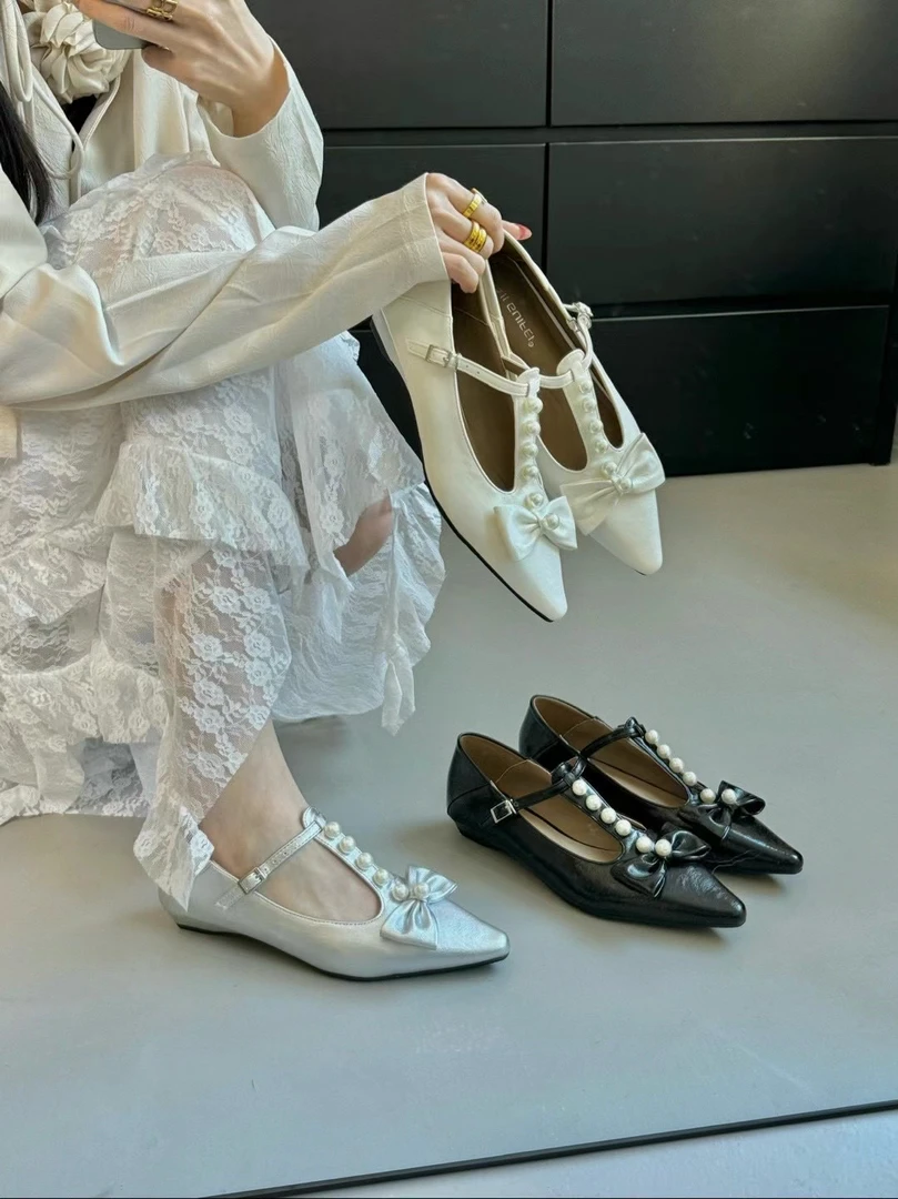 新款超有氛围感的珍珠蝴蝶结单鞋～可盐可甜893-6