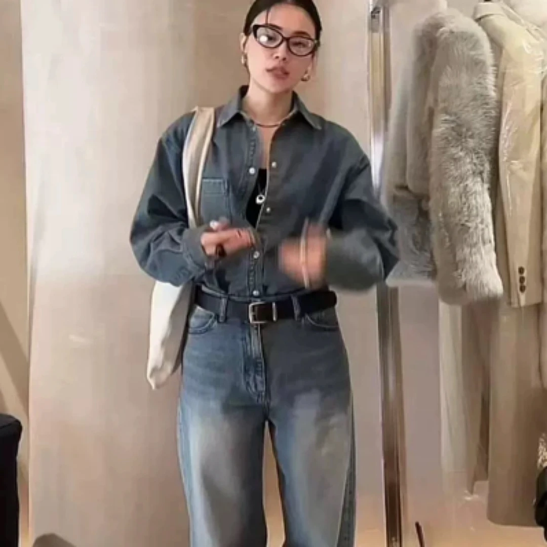 现~statement韩国东大门代购女2025春季洋气复古宽松牛仔长袖衬衫