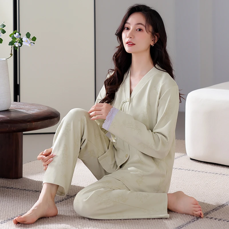 春秋长袖长裤睡衣女纯棉中式V领蕾丝开衫高档气质柔软家居服套装