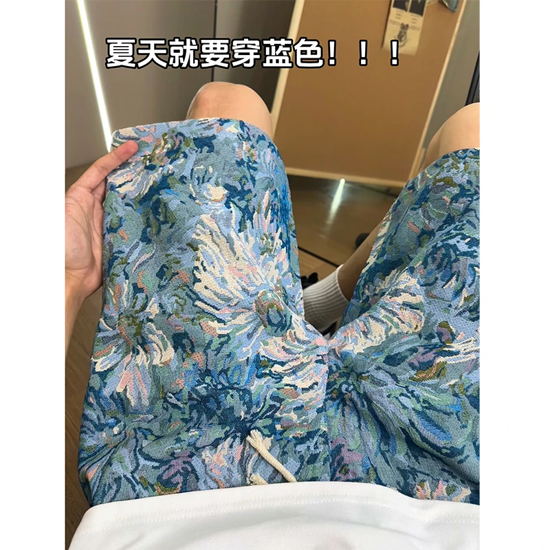 夏威夷油画向日葵针织短裤男夏季复古沙滩裤子潮牌阔腿美式五分裤