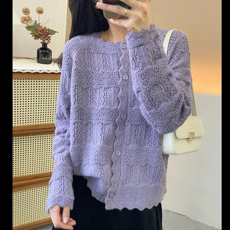 上衣女春秋新款针织开衫温柔风爆款圆领花边镂空宽松纯色毛衣外套
