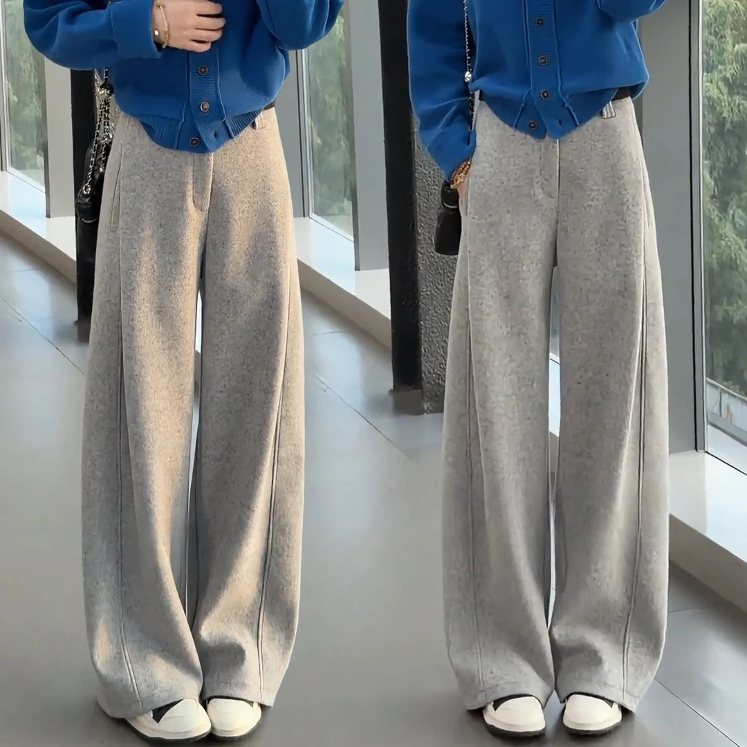 超好看迷雾灰羊毛呢阔腿裤女2025秋冬季新款加绒加厚休闲弯刀裤子