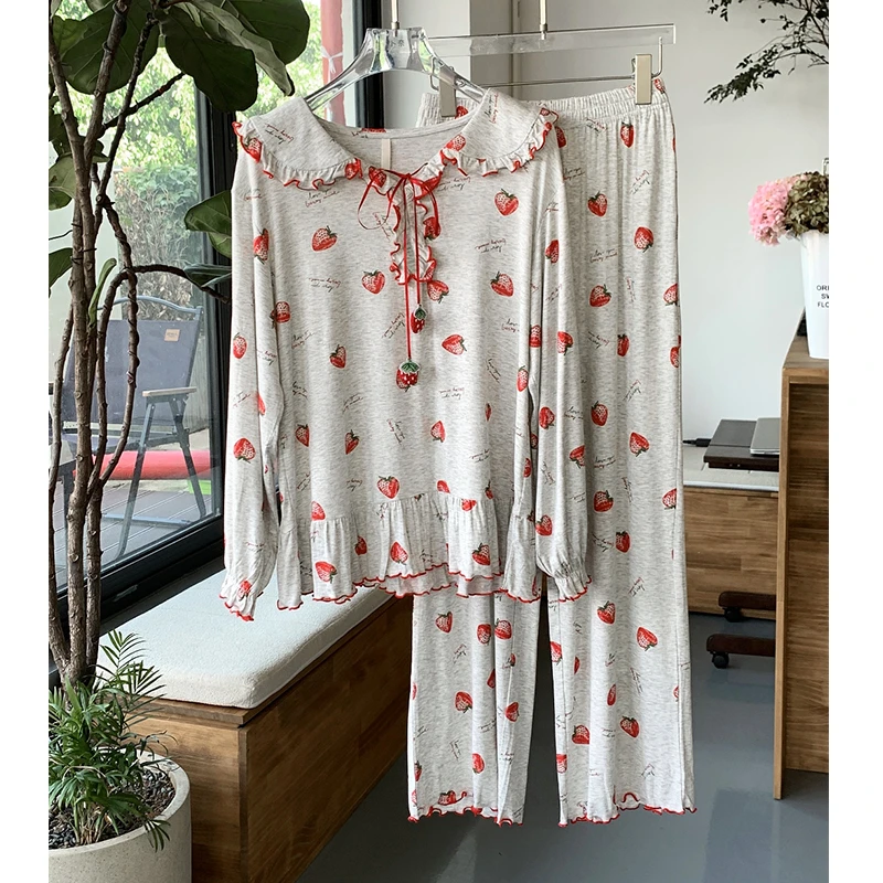 米诗缇【娃娃领灰色草莓长袖长裤】小众设计师可外穿长袖长裤家居服