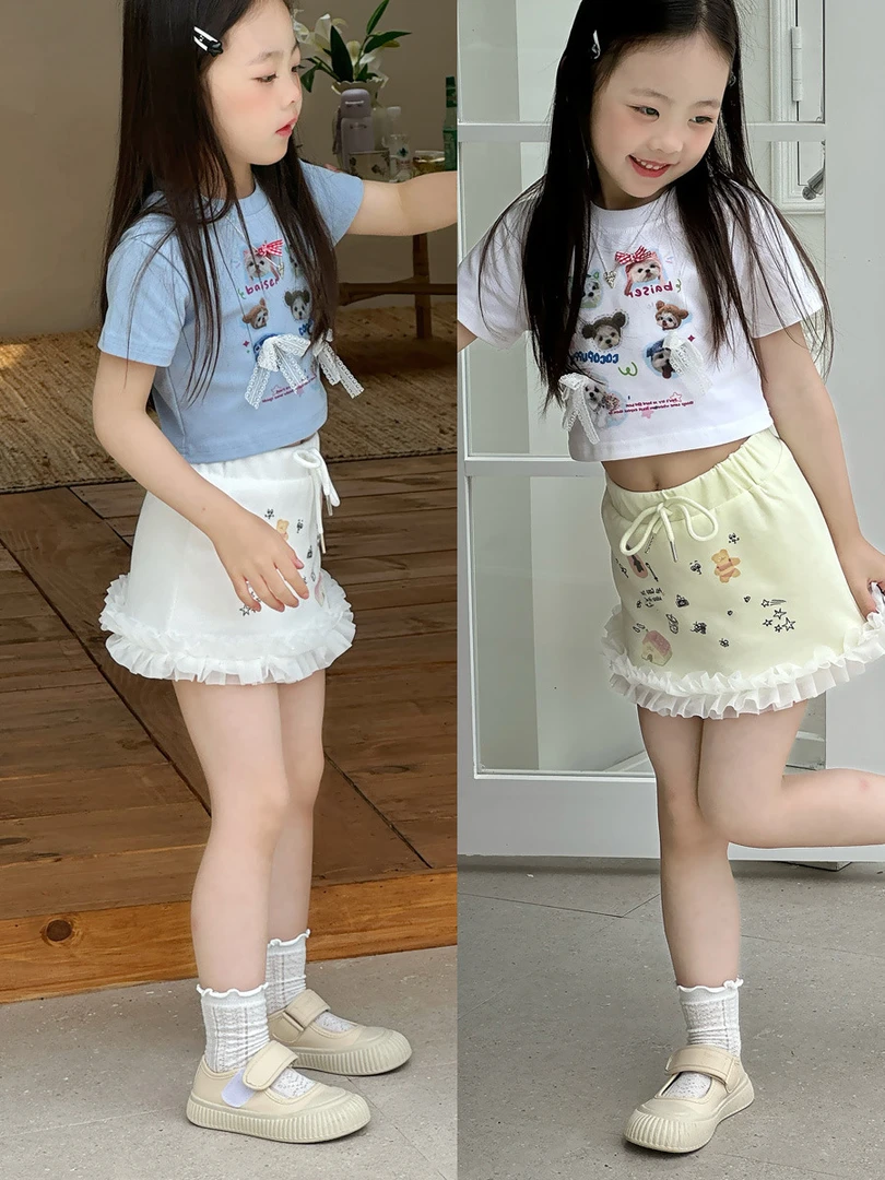 女童夏季韩版蕾丝蝴蝶结T恤女宝宝涂鸦印花蕾丝花边拼接短裙套装