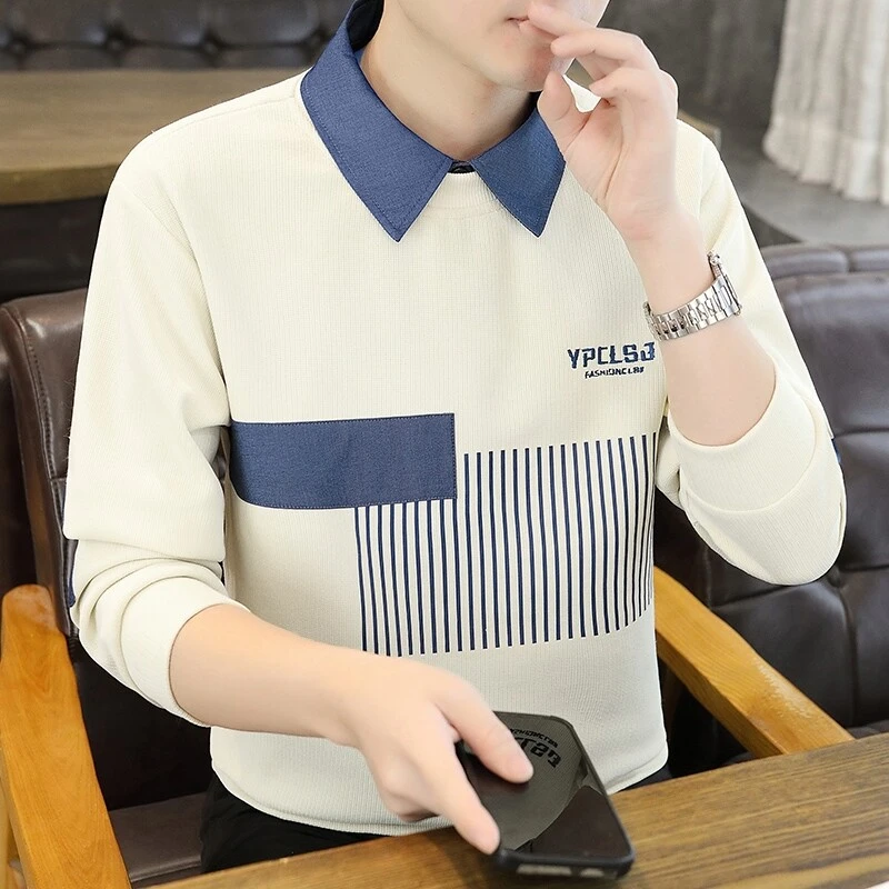 高档衬衫领条纹卫衣男士春季新款时尚百搭T恤打底衫品质男装25216