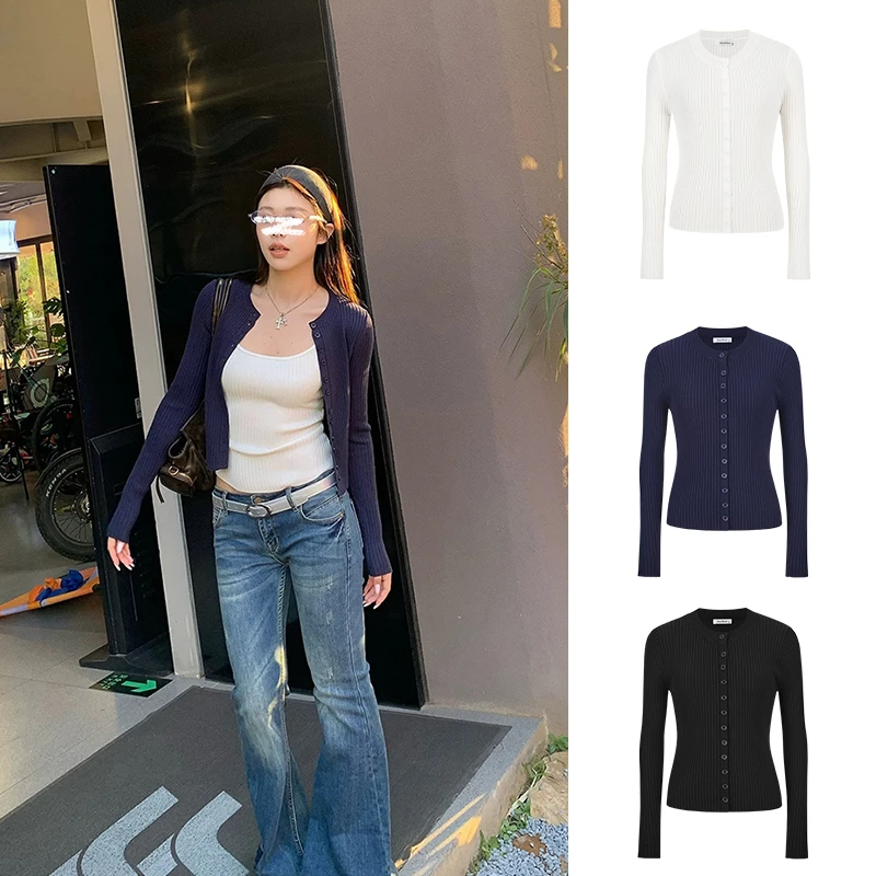 MosesQueen/魔西女王时髦藏青色纽扣开衫针织衫内搭叠穿吊带背心