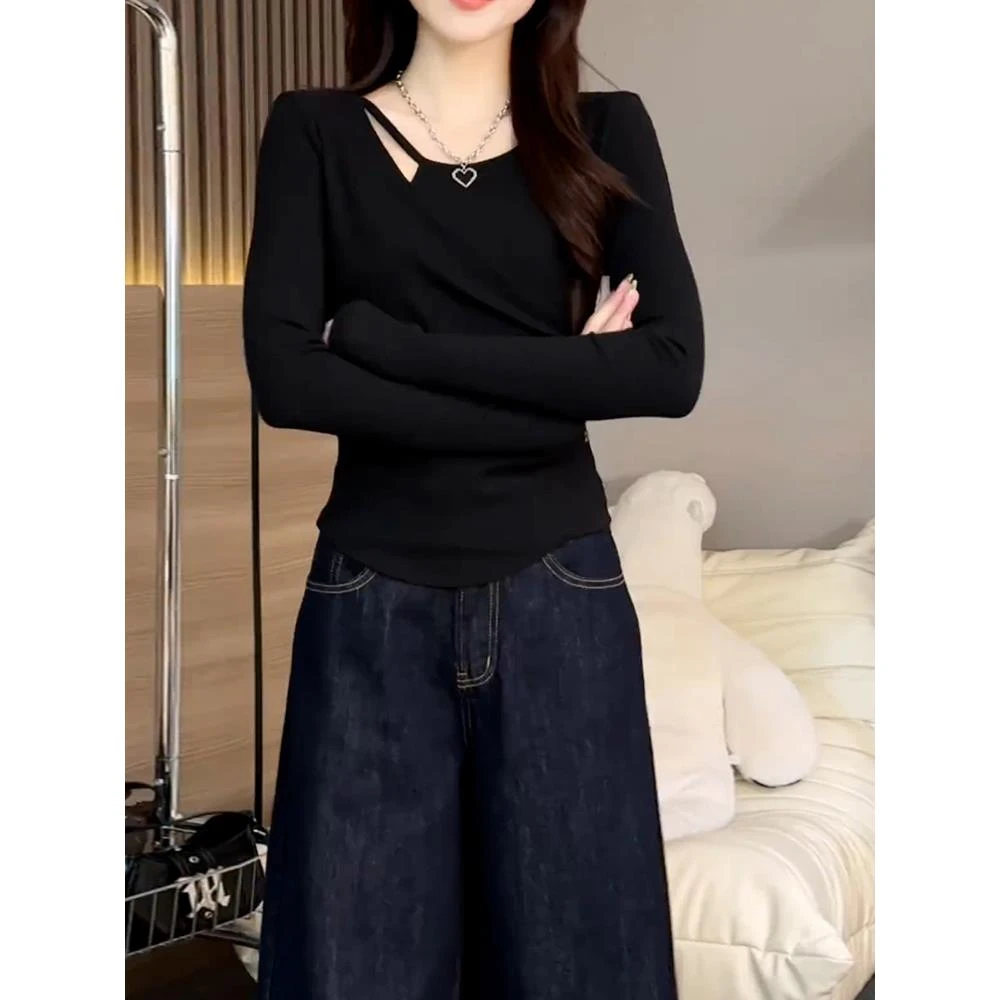 早秋季黑色内搭打底衫设计感小众长袖t恤女2025新款爆款百搭上衣