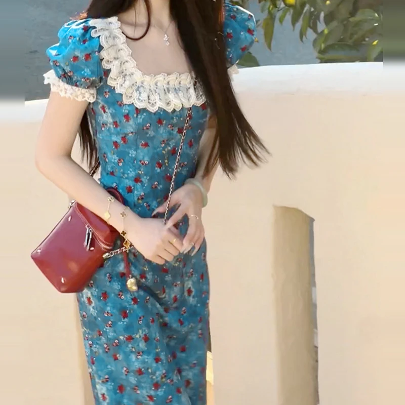 法式蓝色碎花连衣裙子女夏季2025新款爆款独特漂亮绝美度假风长裙