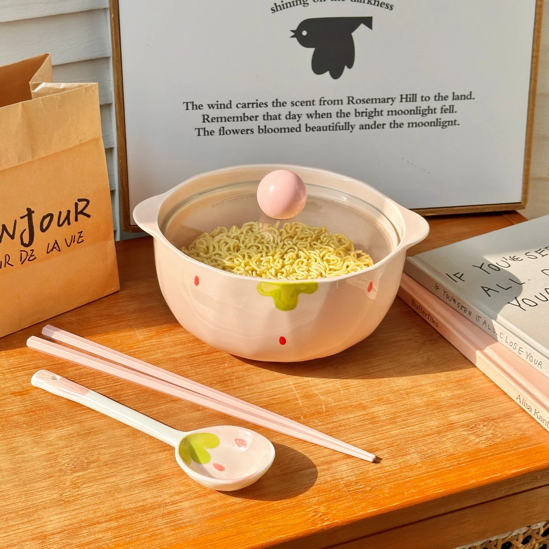 381【奶油草莓】泡面碗-带盖+陶瓷勺+筷子 【店铺热销】ins草莓泡面碗