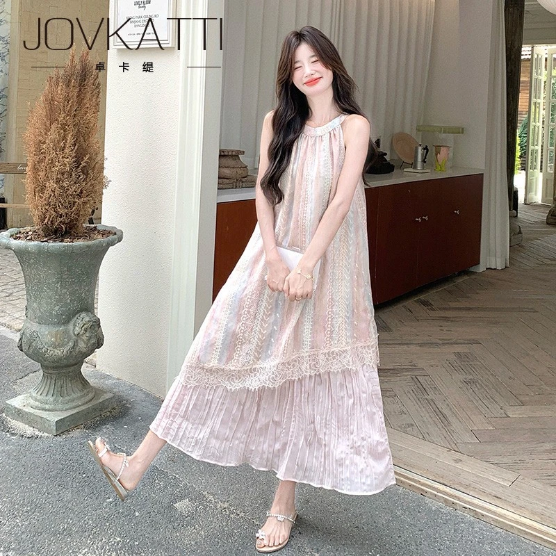 Jovkatti刺绣挂脖连衣裙女夏季2025新款法式减龄度假风网纱