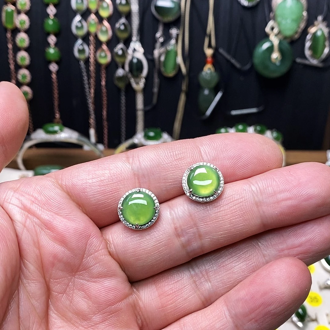 和田玉（碧玉）银S925镶嵌耳饰