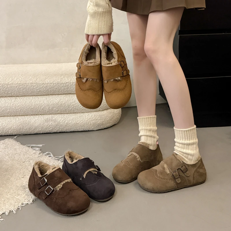 软皮加绒保暖勃肯鞋女2025冬季新款时尚魔术贴扣带百搭内增高棉鞋