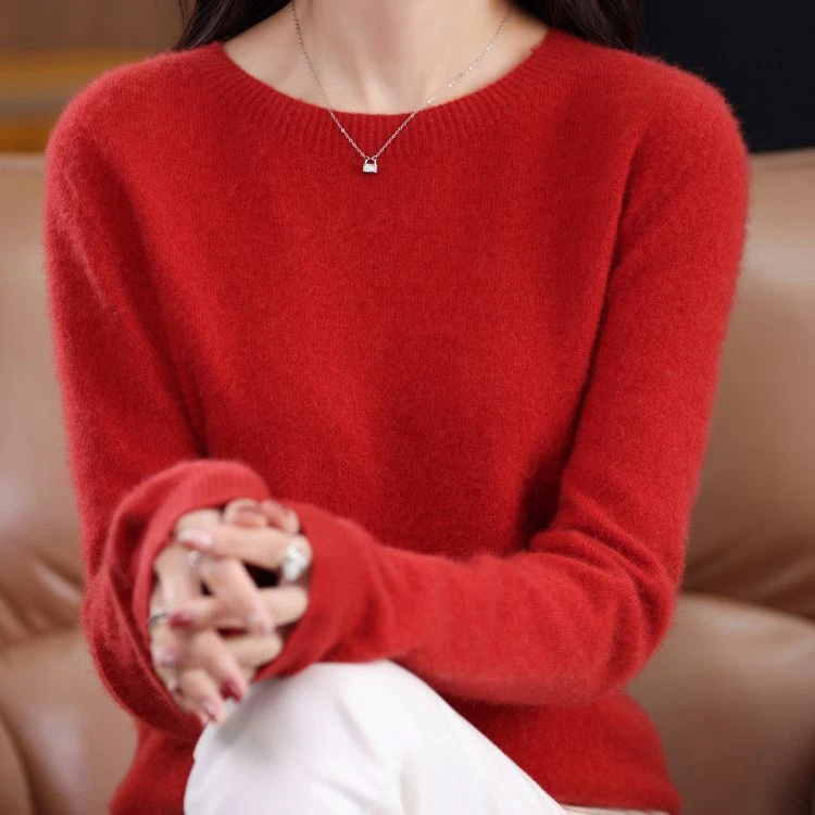 羊毛衫女纯色圆领23新款长袖无缝针织一线成衣羊毛毛衣内搭打底衫