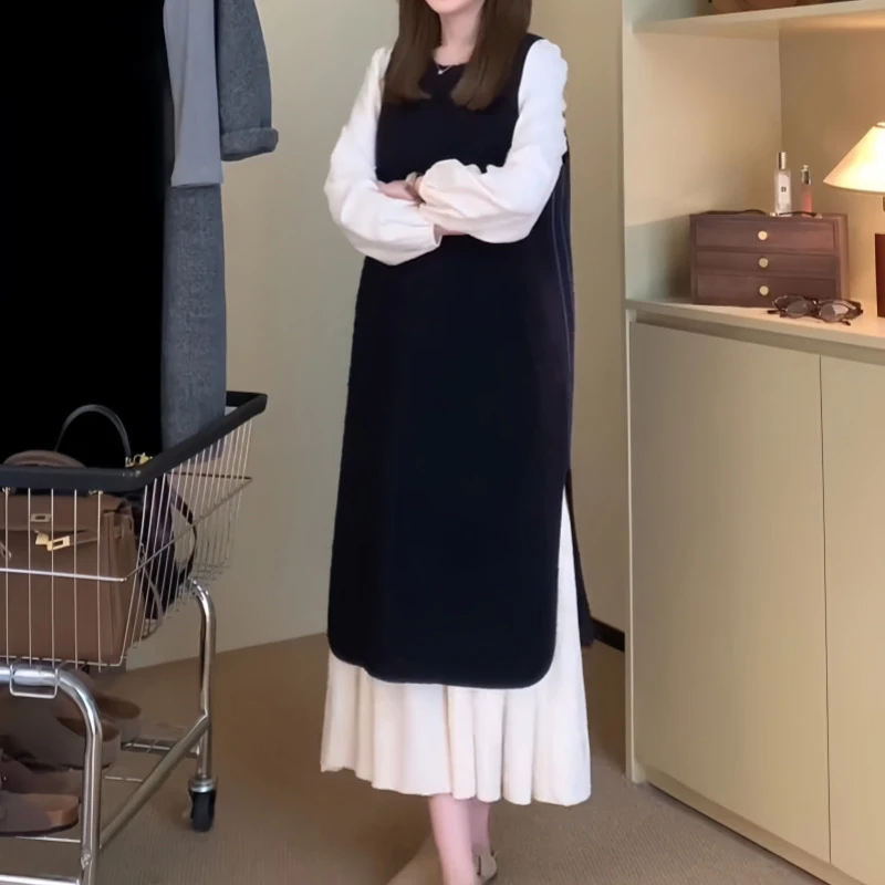 法式拼接长袖连衣裙女2025春秋新款赫本风气秋法式法式赫本风套装