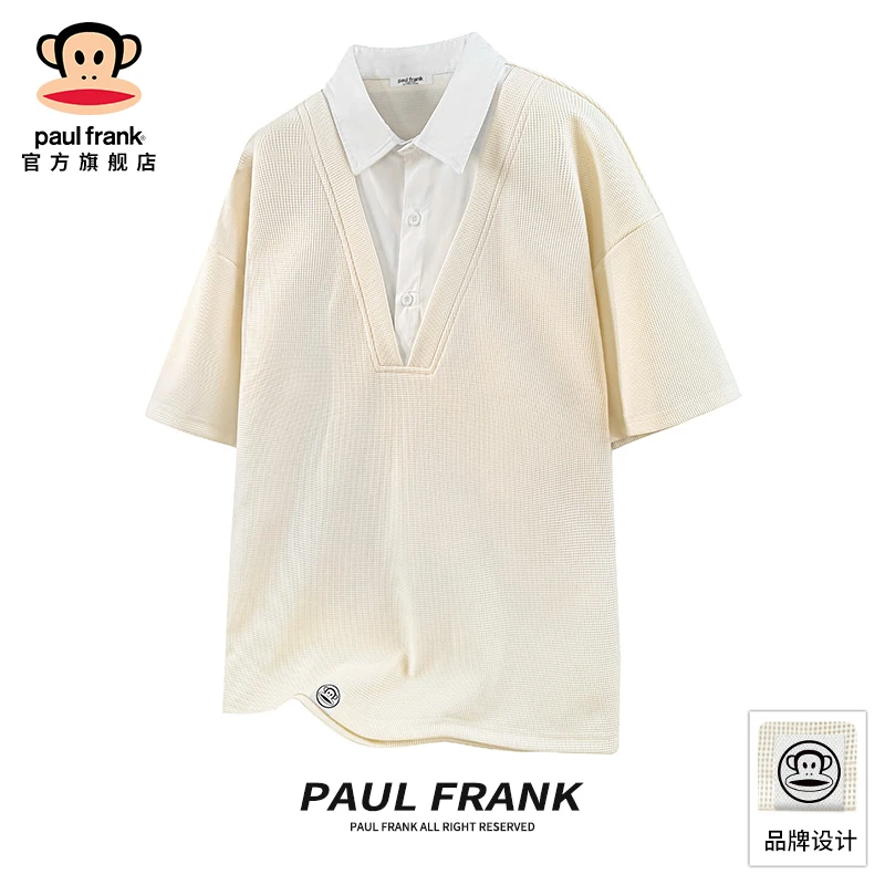 PaulFrank/大嘴猴高级感短袖POLO衫男夏季薄款拼接假两件t恤上衣