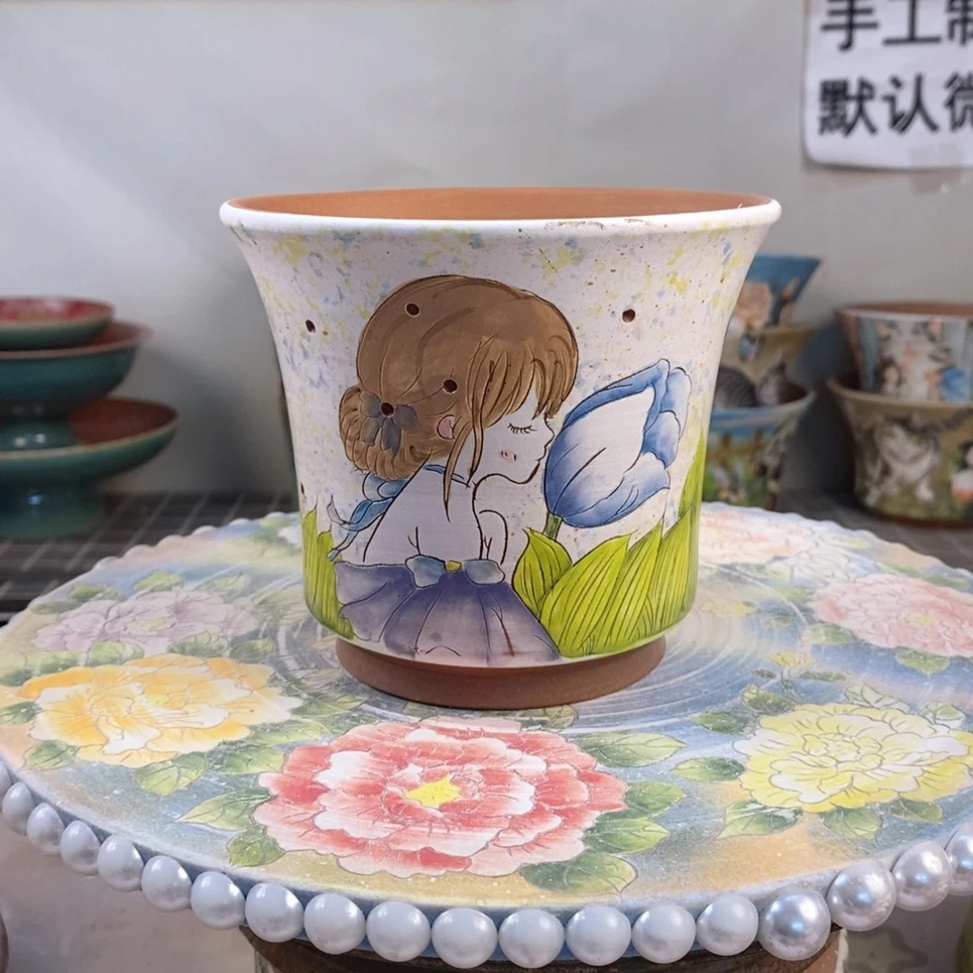 紫砂花盆红陶手绘花盆