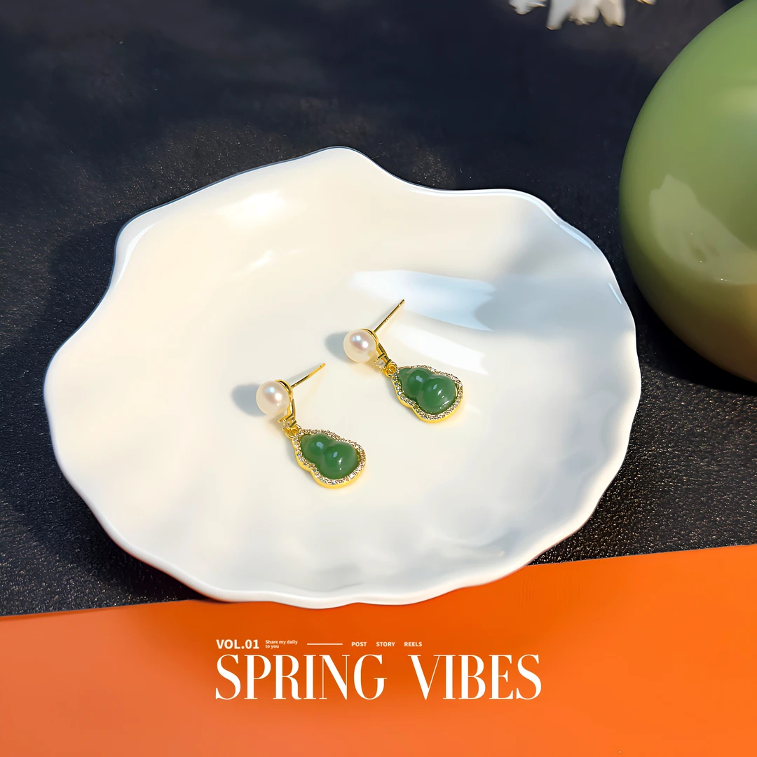 天然淡水珍珠耳饰- DSN设计师款绿葫芦耳钉耳坠（1009）