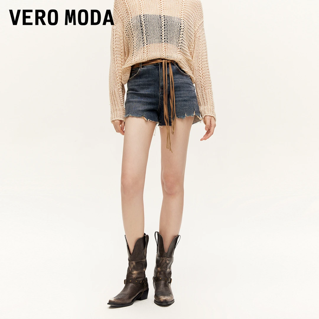 Vero Moda牛仔短裤女2025夏日穿搭水洗流苏边做旧短裤325243002