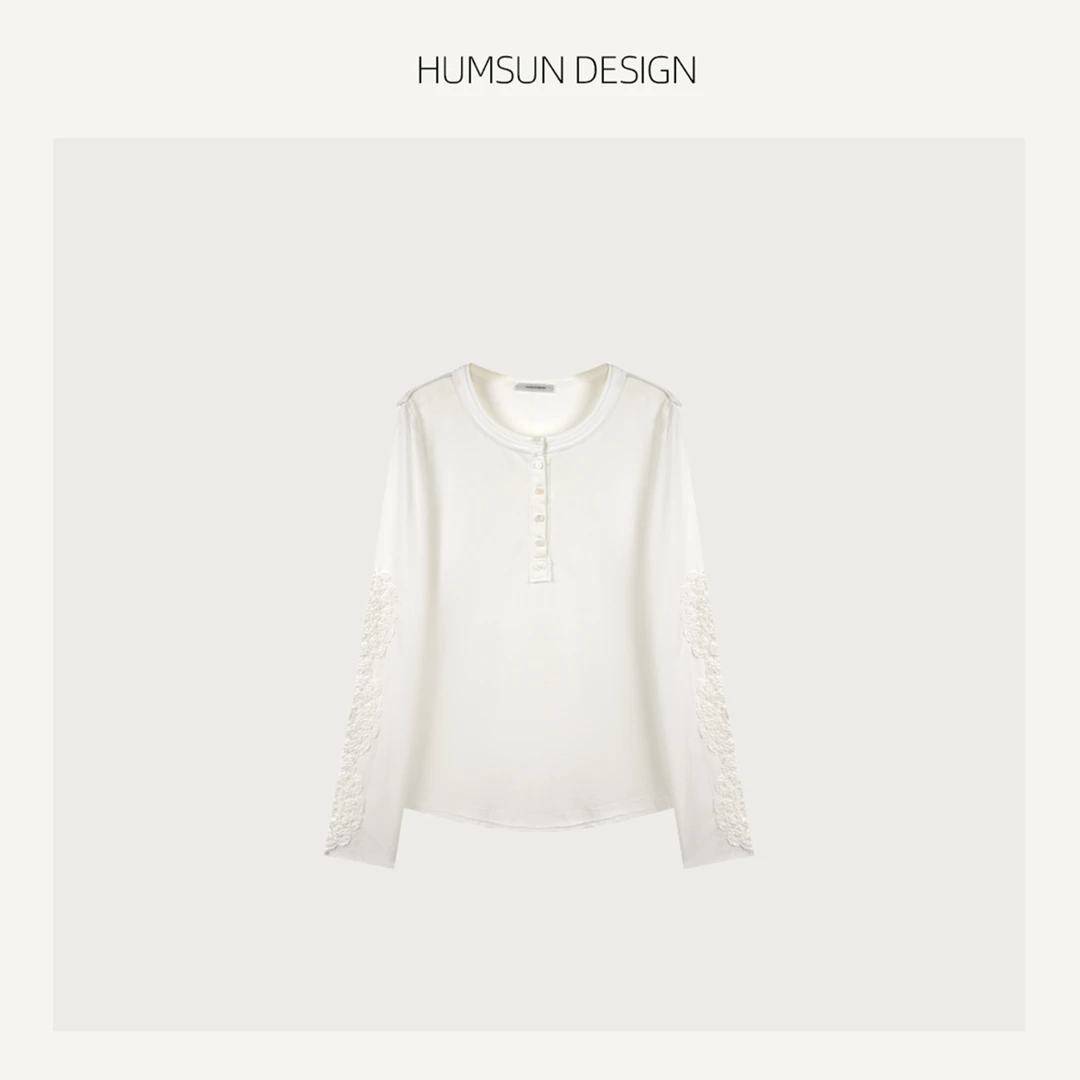 HUMSUN/禾木笙「浮绘」手工镂空钩编立体拼接丝柔半开领T恤 5A471
