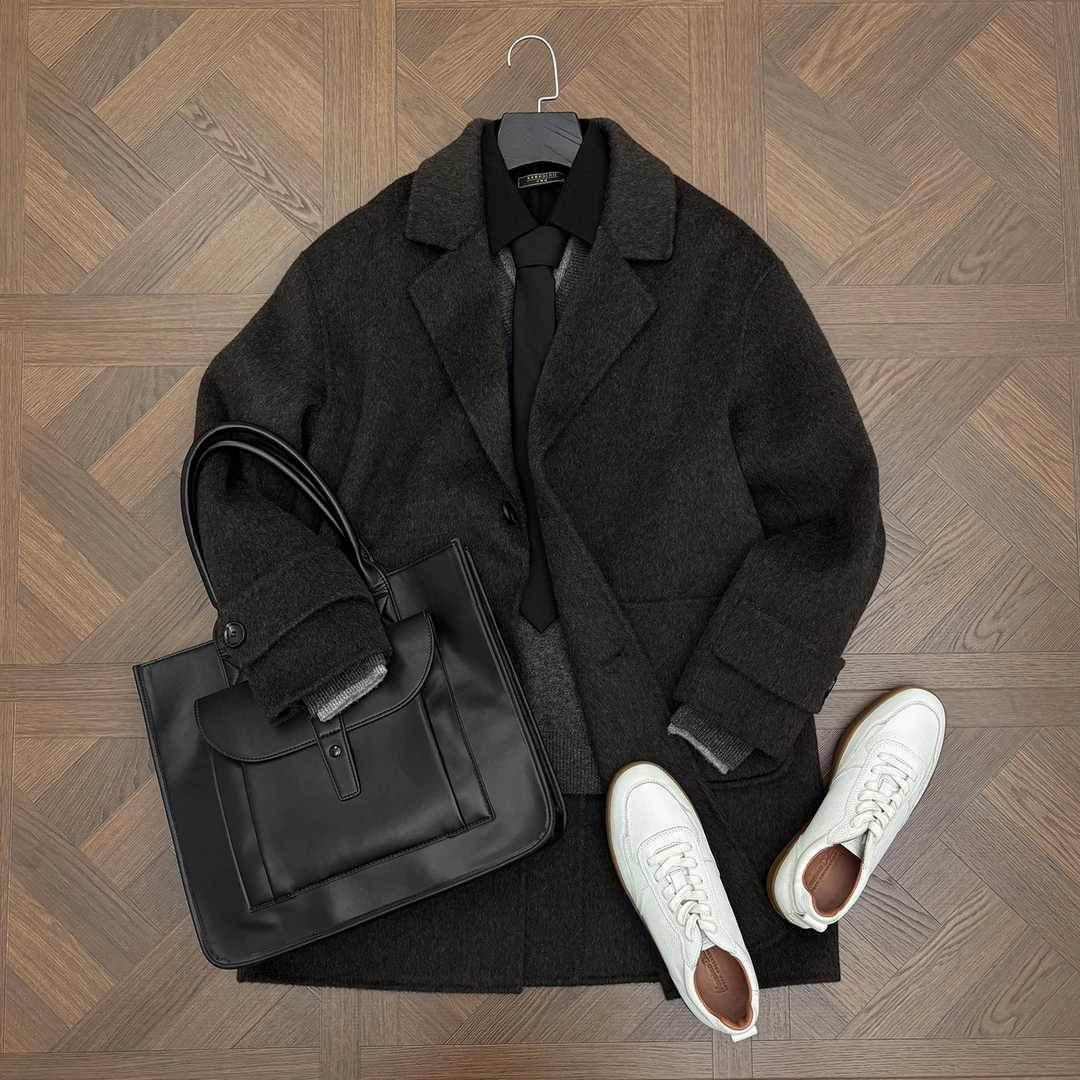 LANSIM· 冬季男士保暖100%绵羊毛西装领微阔中长款双面毛呢大衣