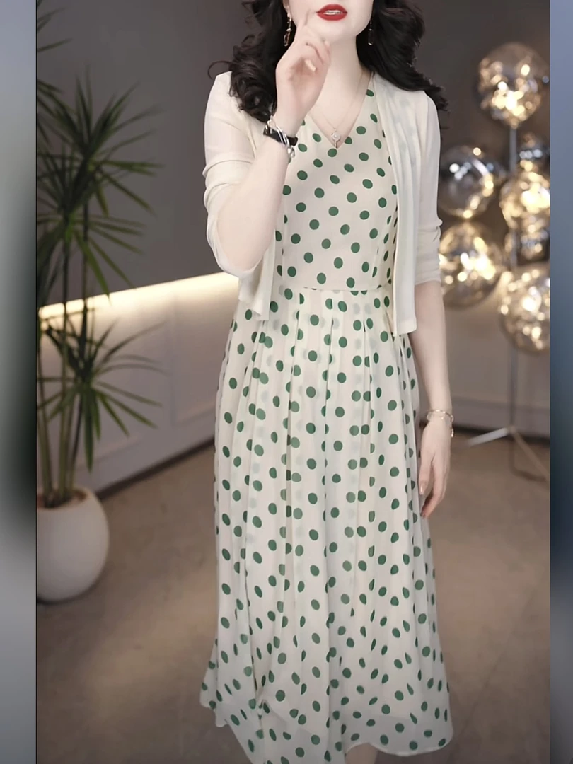 【外衣+背心裙】2025春季新款温柔杏色清新女神范气质波点连衣裙