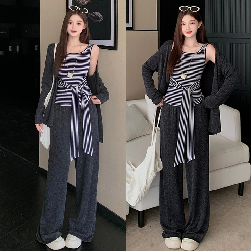 大码秋装新款胖mm女韩版条纹绑带背心长袖开衫阔腿裤三件套装女