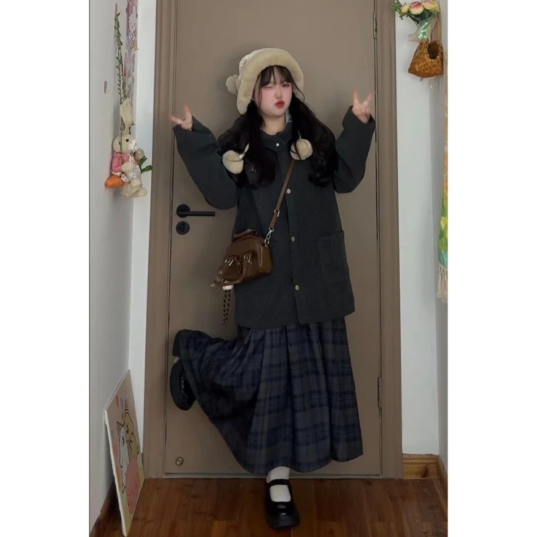 韩版灰色连帽呢子大衣女秋冬季新款高级感小个子格纹半身裙两件套