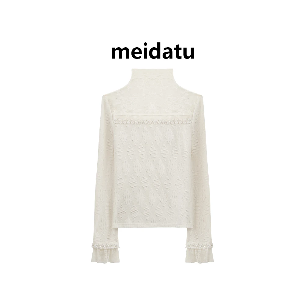 美哒兔（云雾雪松）重工网纱拼接菱格提花中领打底上衣（bd1534-8H）