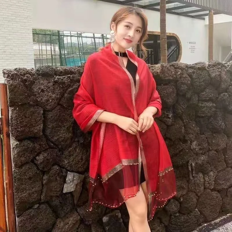 时尚百搭女士四季红色薄款纯色丝巾时尚百搭时尚外搭红色钉珠