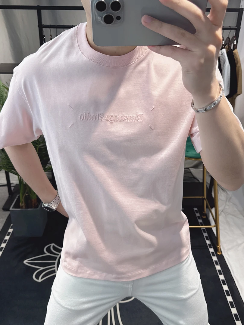 2025夏季男士新款潮流T恤休闲纯棉百搭刺绣字母圆领短袖纯色上衣
