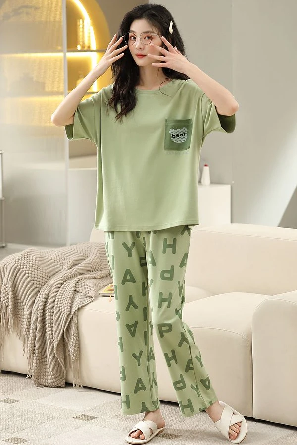 郑小姐~纯棉短袖长裤字母口袋绿色圆领夏季家居服套装睡衣舒适
