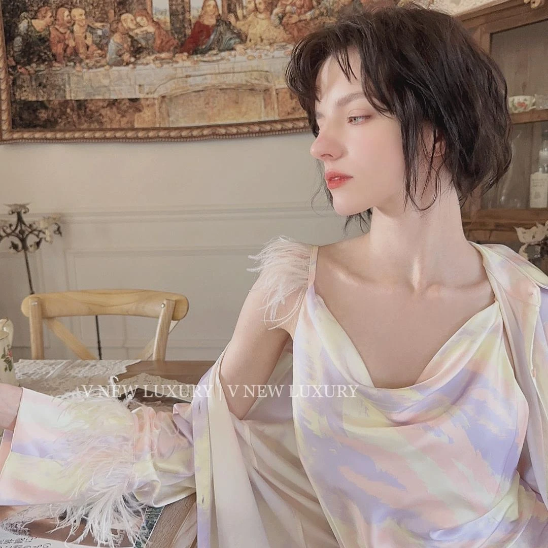 女薄款夏季仙女气质晕染艺术感性感吊带睡裙冰丝缎面丝V3D1070