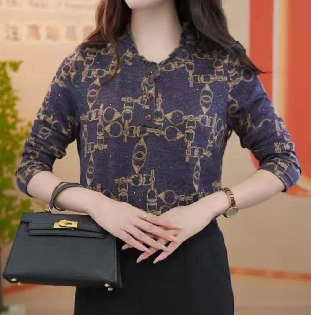 秋天高档外穿薄款印花圆花边领长袖中年妈妈大码时尚打底上衣