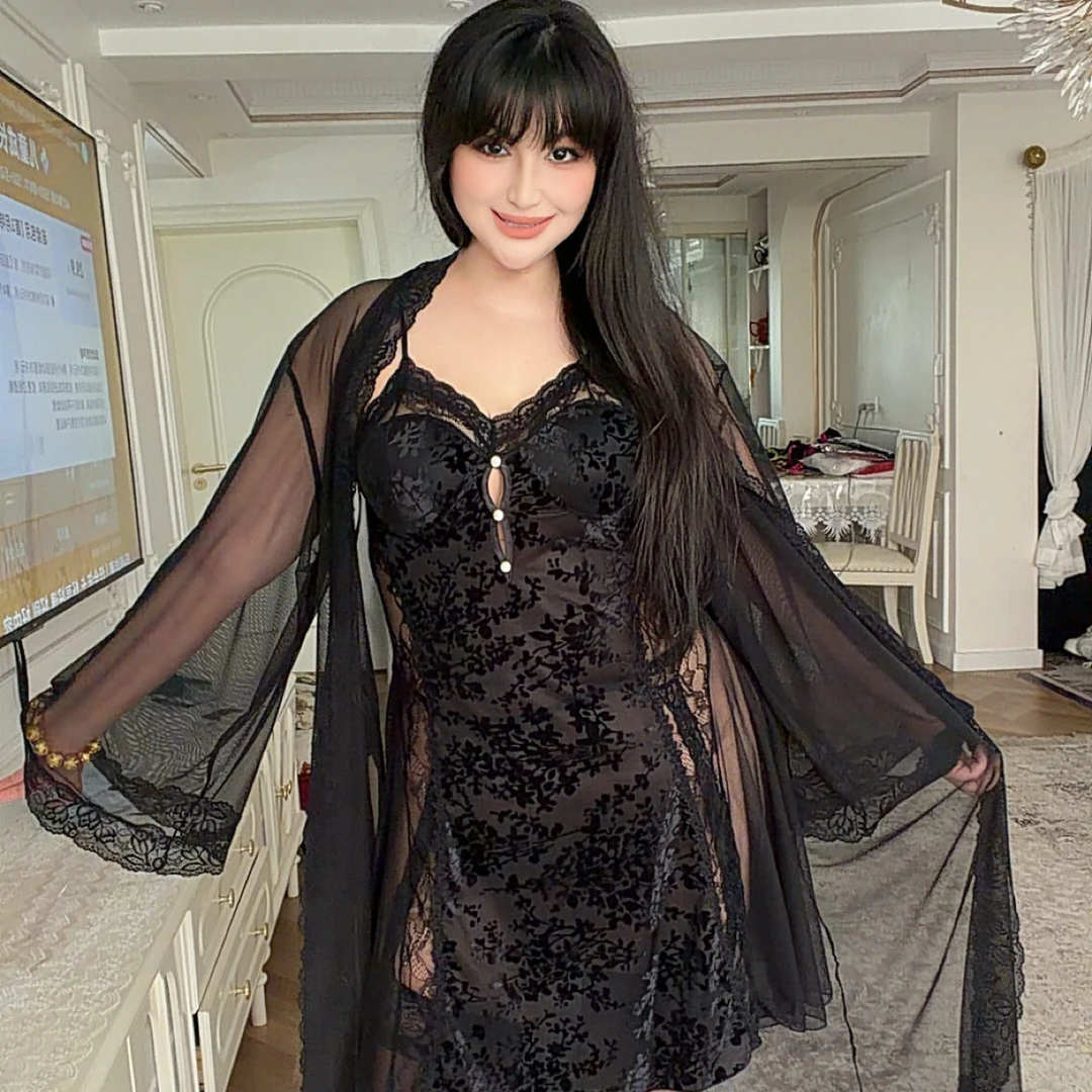 秋冬新款烧花性感加胸垫蕾丝吊带睡裙家居服