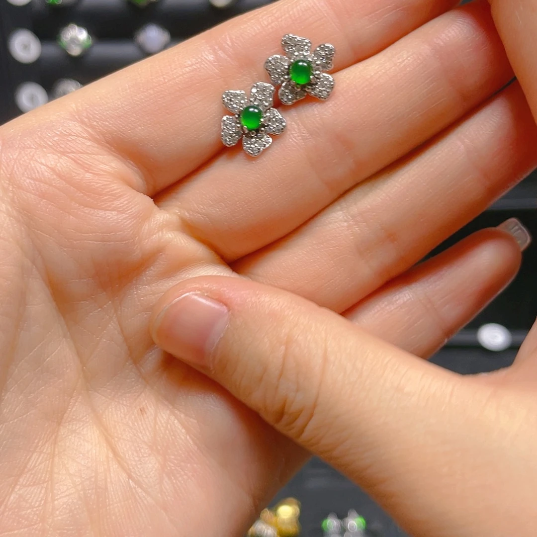 翡翠戒指银S925镶嵌耳钉