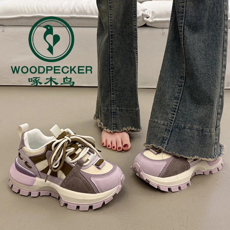啄木鸟厚底老爹鞋女小个子增高2025超火新款春秋季休闲运动阿甘鞋