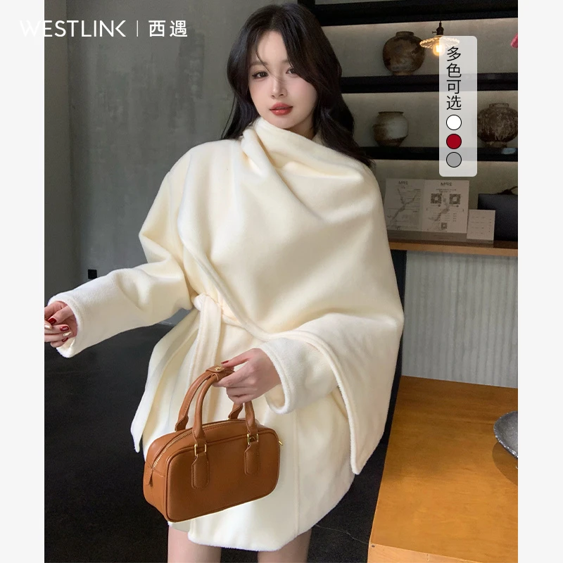 41379白色短款毛呢外套女2024年冬季新款收腰双排扣大衣