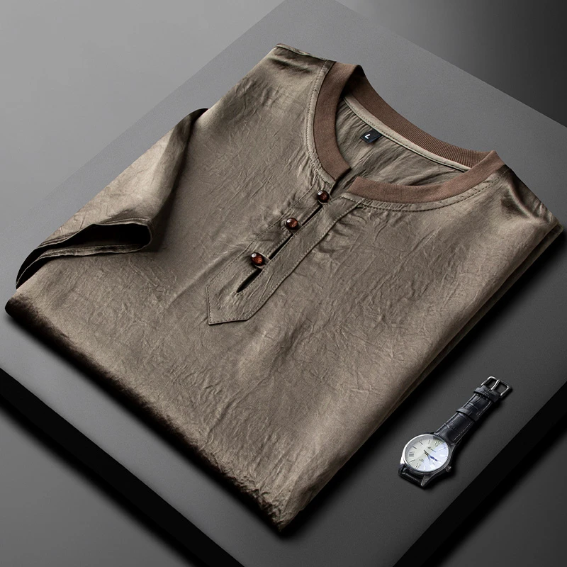 中式奢华100%醋酸冰丝短袖T恤男夏季薄款垂顺凉感国风亨利领上衣