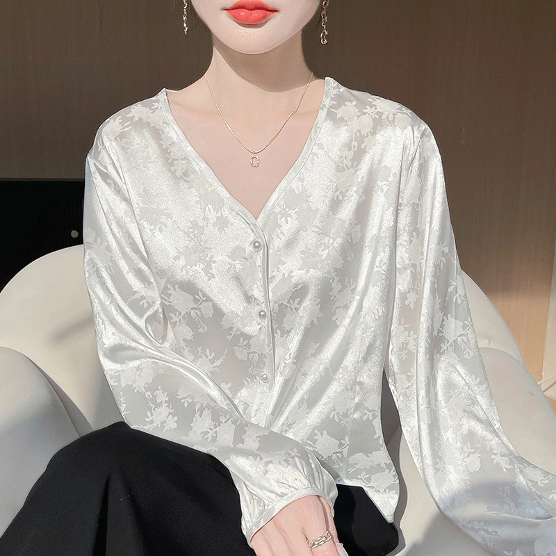 醋酸缎面新中式轻奢提花v领衬衫女外搭气质宽松显瘦薄款打底衬衣