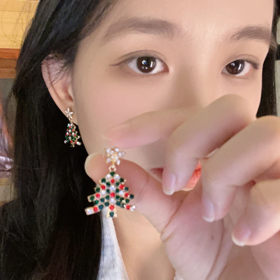 合金锆石耳饰 新款彩色圣诞树流苏耳钉甜美简约镂空长款耳环耳钩