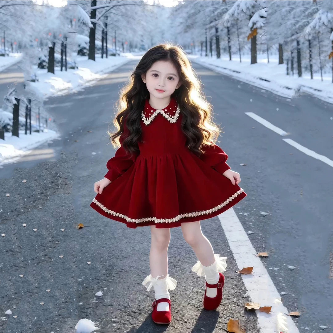 女童连衣裙2025秋冬新款冬装加厚裙子小女孩红色公主裙儿童拜年服